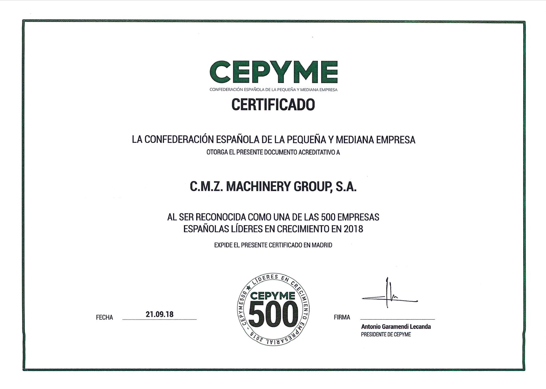 CMZ vom CEPYME als fuhrendes Wachstumsunternehmen